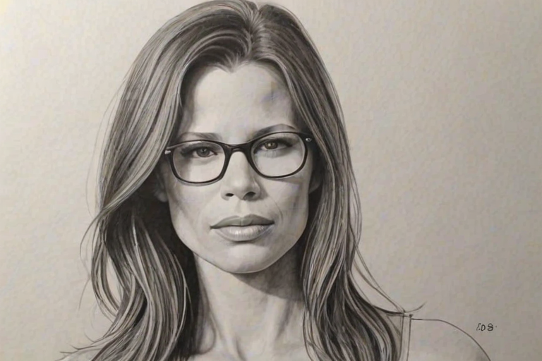 Delightful Rhona Mitra, pencil sketch, portrait of Lovely woman 1928s in glasses, hair style beatnik, outline, clear lines, fine lines, 8k