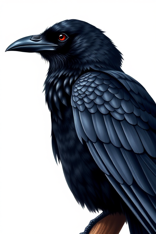 generate a detailed illustration of a raven perched with intricate feather textures and a glossy sheen, use a DSLR camera type, with a 50mm lens, aperture set to f/2.8 for shallow depth of field, shutter speed at 1/250 to capture sharp details, and ISO at 100 for optimal clarity.