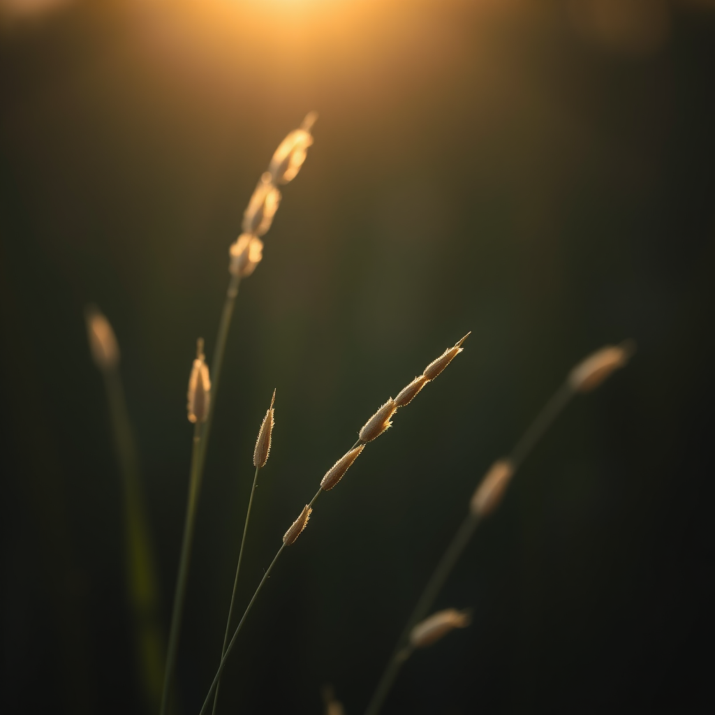 capture close-up of illuminated grass seeds against a dark background, aperture f/2.8, shutter speed 1/200s, ISO 100, portrait orientation, DSLR camera, natural morning light, shallow depth of field