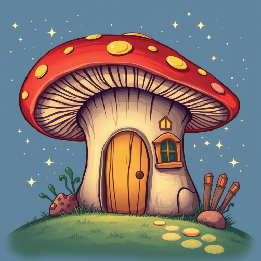design illustration of a mushroom house with a door and a window, a storybook , fantasy art, mushroom house, bg starry sky, sparkles