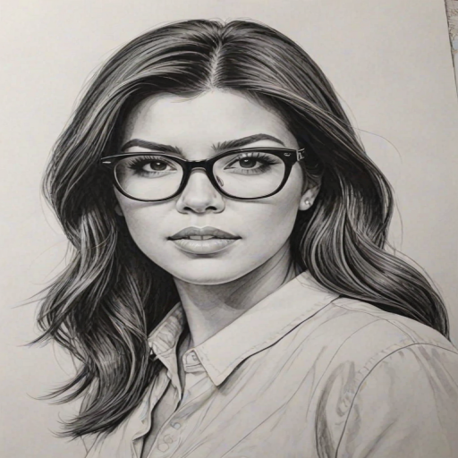 Captivating Kourtney Kardashian, pencil sketch, portrait of Exquisite woman 1944s in glasses, hair style beatnik, outline, clear lines, fine lines, 8k