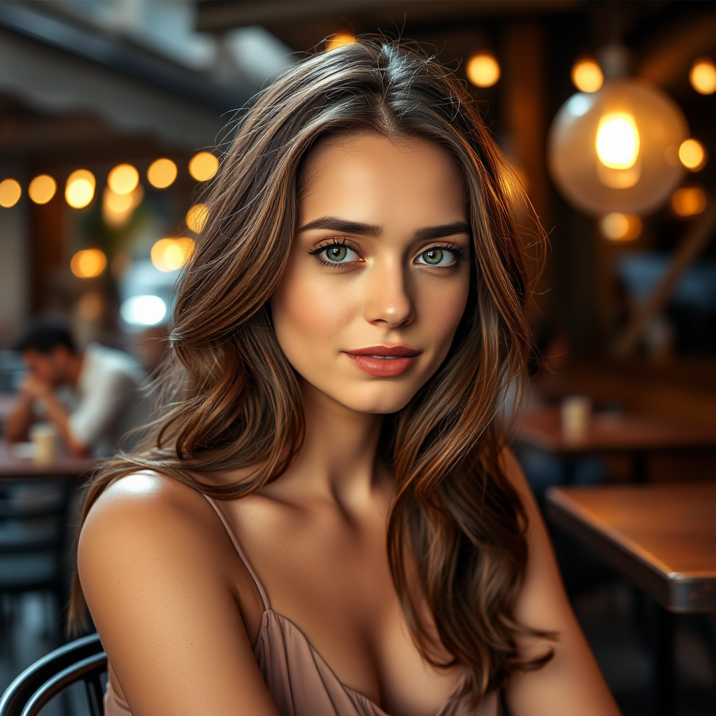 photo of young [woman:Ana de Armas:0.4], highlight hair, sitting outside restaurant, wearing dress, rim lighting, studio lighting, looking at the camera, dslr, ultra quality, sharp focus, tack sharp, dof, film grain, Fujifilm XT3, crystal clear, 8K UHD, highly detailed glossy eyes, high detailed skin, skin pores