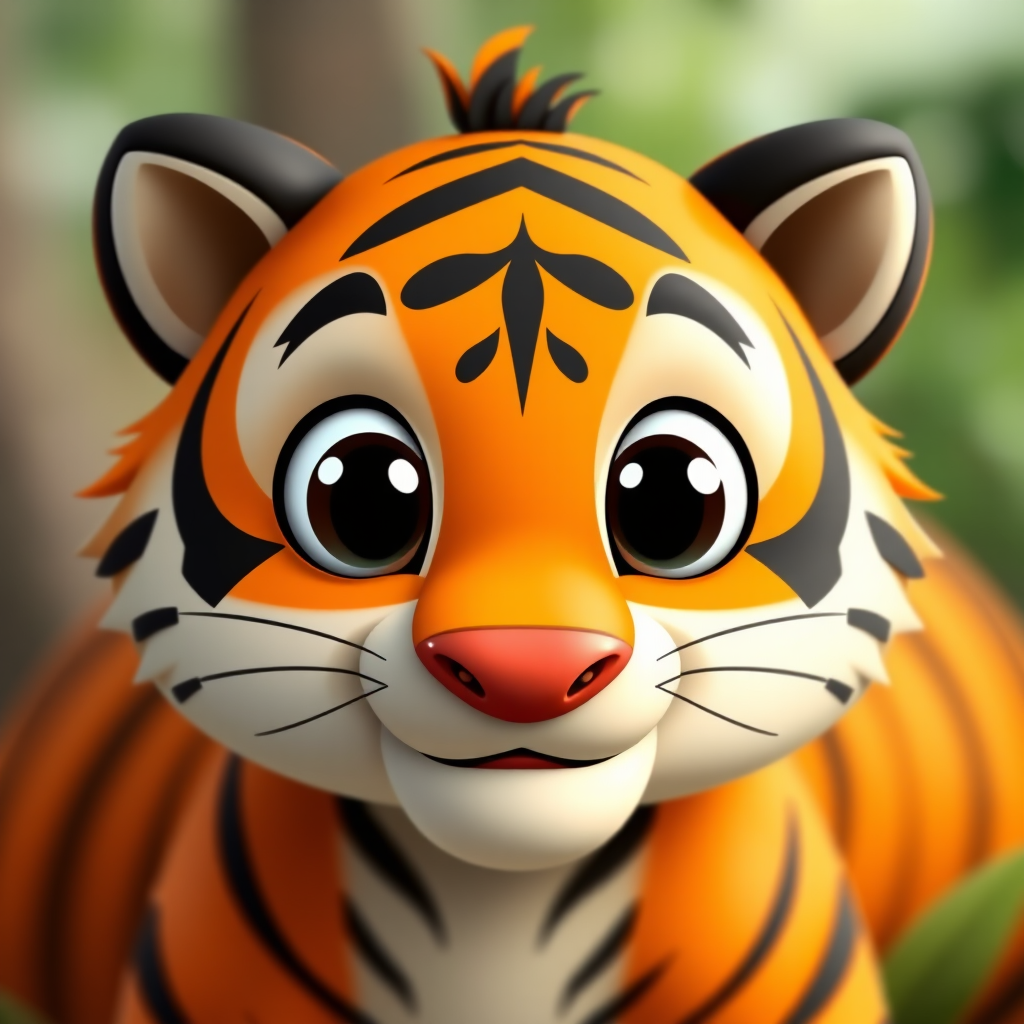 Create a cartoon-style illustration of a friendly tiger face with bright orange and black stripes, large round eyes, and a cheerful expression, captured using a DSLR camera with a 50mm lens, f/1.8 aperture, ISO 100, and a shallow depth of field to enhance vibrancy and focus on the character.