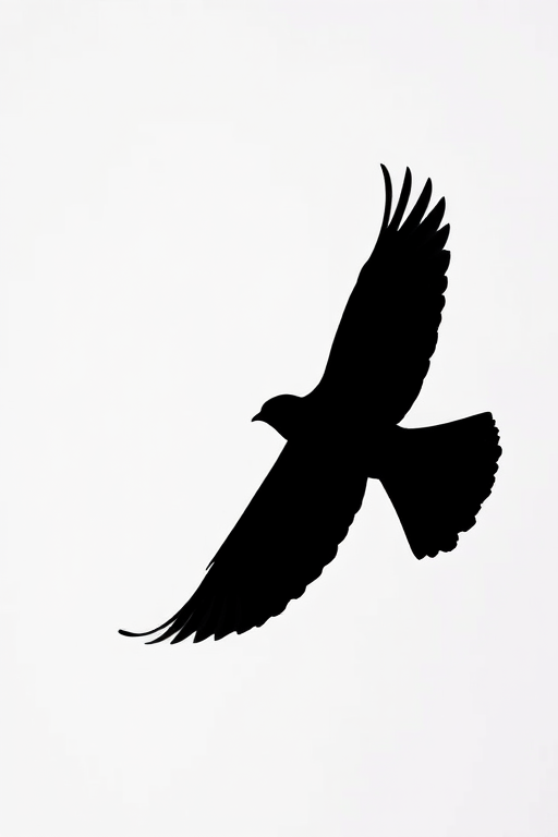 Create a high-resolution image of a sleek black silhouette of a bird in flight against a minimalistic background, using a DSLR camera with a 50mm lens at f/1.8, ISO 100, shutter speed 1/2000s, top-down view, and soft focus style.