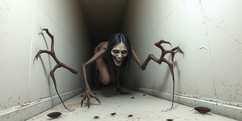 a crooked female with long arms and a creepy smile is crawling along a long white corridor and you can also see cockroaches in it there is a creepy atmosphere creepy art style