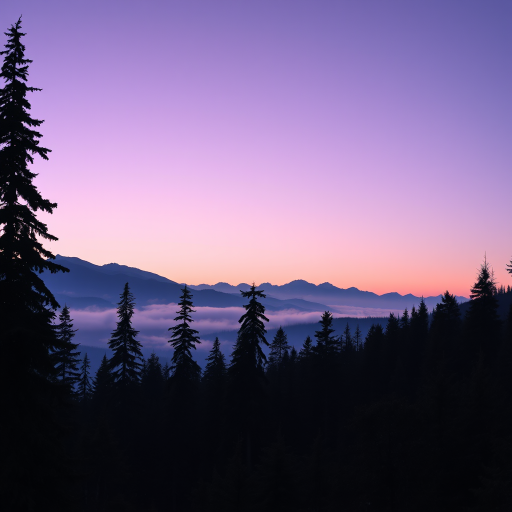 Generate a serene forest landscape at dusk with layered silhouettes of tall evergreen trees, misty mountains in the background, soft gradient sky transitioning from light purple to dark blue, captured with a DSLR camera, 50mm lens, f/11 aperture, ISO 100, panoramic view, and HDR photography style to enhance image quality.