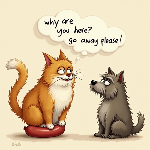 caricature of a silly whimsical fluffy cat with a mean look she has one foot on a sausage and is looking at an old scraggly big dog the cat has a thought bubble above her head that says “why are you here? go away please"