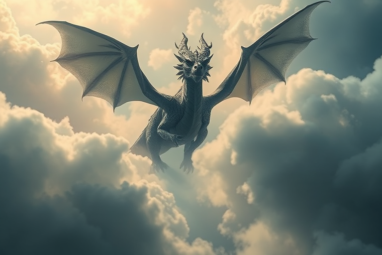create a high-resolution image of a majestic dragon emerging from ethereal clouds, captured with a DSLR camera at 50mm focal length, f/1.8 aperture, ISO 100, with a soft focus effect and dramatic lighting to enhance the mystical atmosphere