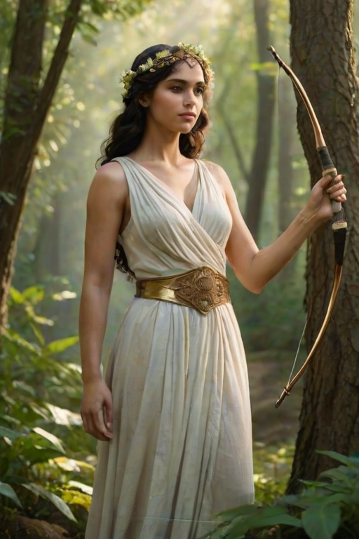 Create a portrait of a goddess-like Coptic girl figure in a tranquil, forested environment. She has an elegant appearance with long, wavy hair styled in an updo and adorned with a delicate, floral headband. She wears a flowing, ancient Greek-inspired gown in a soft, pale color, featuring a one-shoulder design and draped fabric that accentuates her graceful form. The outfit includes a decorative belt with ornate gold detailing, and she holds a bow in her hand, with a quiver of arrows slung over her shoulder. The background depicts lush greenery, with sunlight filtering through the trees, casting a gentle, ethereal light on the scene. Her expression is calm and contemplative, embodying a sense of wisdom and serenity.