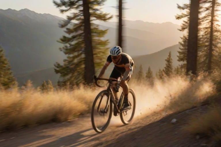 Blurry action shot of a cyclist racing down a mountain trail at sunset, dust kicking up behind them, with distant peaks barely visible through the soft golden light and trees swaying in the wind.