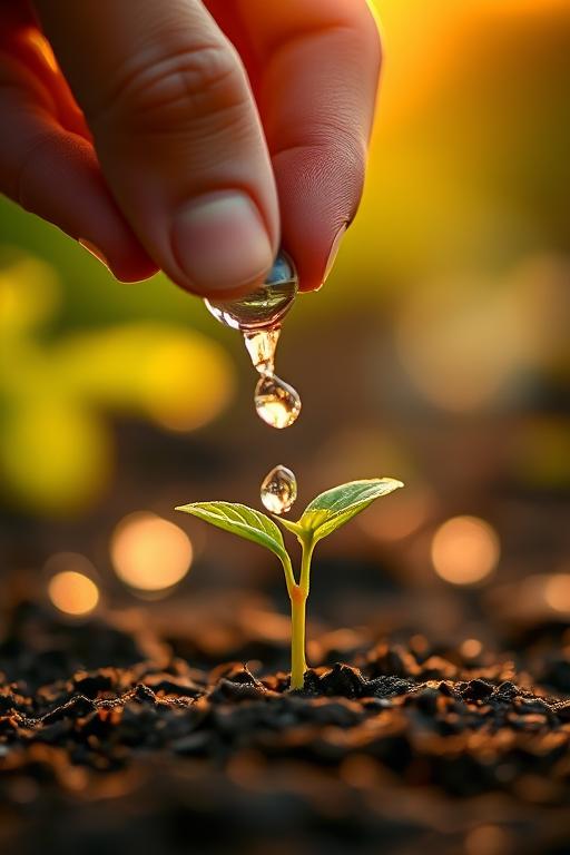 a close-up of a hand watering a small green plant emerging from the soil with droplets of water falling, soft focus background, golden hour lighting, DSLR camera, f/2.8 aperture, 50mm lens, 1/200 sec shutter speed, ISO 200