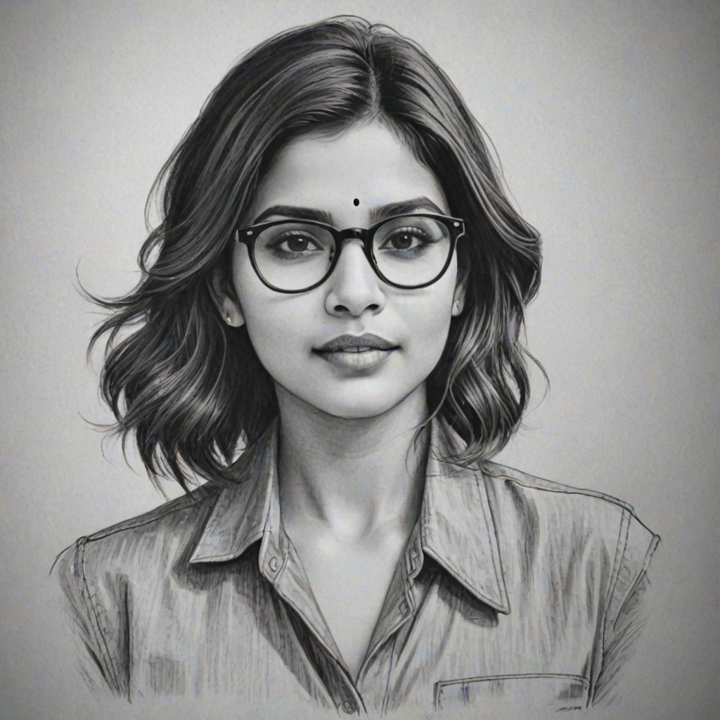 Superb Samantha Ruth Prabhu, pencil sketch, portrait of Attractive woman 1934s in glasses, hair style beatnik, outline, clear lines, fine lines, 8k