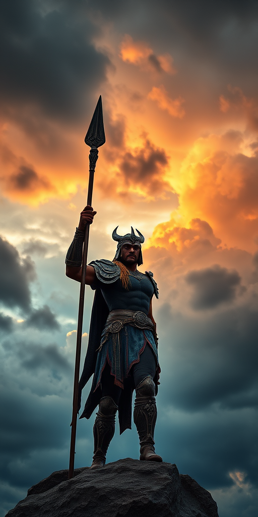 a powerful mythical hero standing tall with a spear against a dramatic sky, overcast with vibrant colors and dynamic clouds, 50mm lens, f/1.8 aperture, ISO 100, HDR style, digital medium format camera