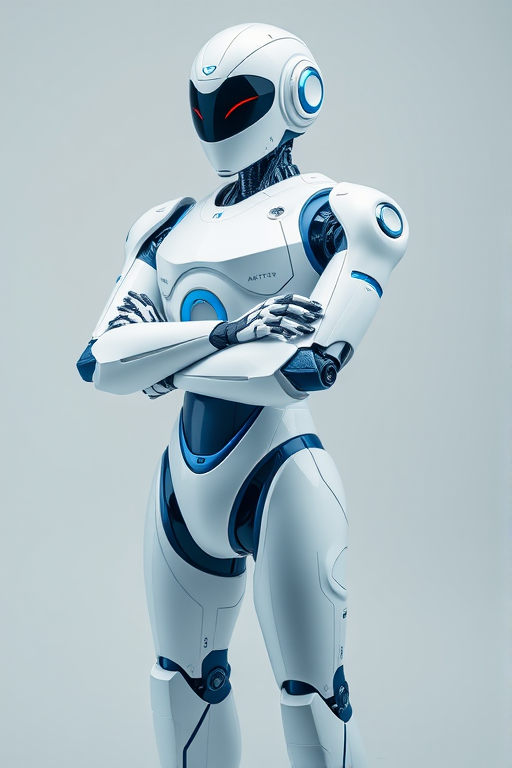 Generate an image of a humanoid robot with a glossy white and blue design, standing confidently with arms crossed, in a studio setting, using a Canon EOS R5 camera with a 50mm f/1.2 lens, ISO 100, f/2.8 aperture, and a softbox for even lighting to enhance details and colors.