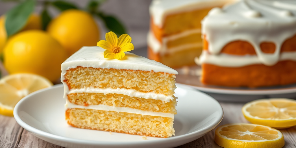 A slice of lemon cake with three layers frosted with white icing garnished with a small yellow flower on top placed on a white plate with a blurred background of the whole cake and lemon slices around it