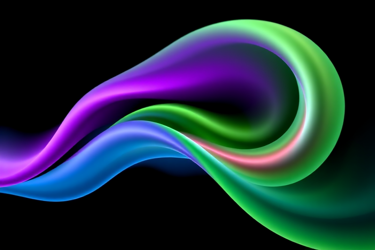 Create a smooth abstract wave design with vibrant colors like purple, green, and blue on a black background, using a DSLR camera at f/2.8 aperture, 1/60 shutter speed, ISO 100, in macro mode with a wide-angle lens.