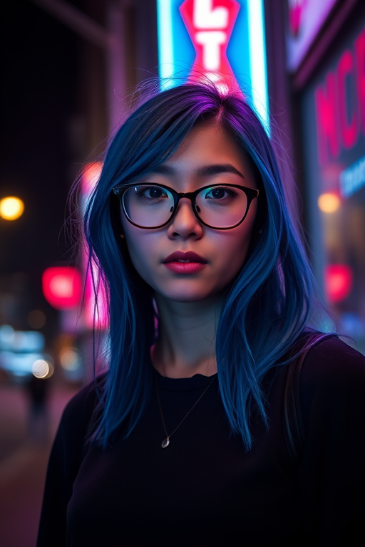 portrait of a young woman with glasses and blue hair standing in front of a neon light, softly illuminated, 50mm lens, f/1.8 aperture, ISO 200, 1/125 shutter speed, ambient city night setting