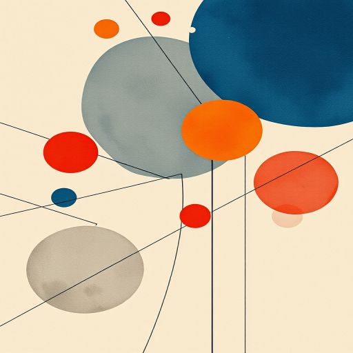 Create an abstract composition featuring various sized circles in blue, gray, orange, and red, with intersecting lines and soft watercolor textures on a beige background, captured with a DSLR camera at f/8, 1/60 sec, ISO 100, with a wide-angle lens for a broader perspective.