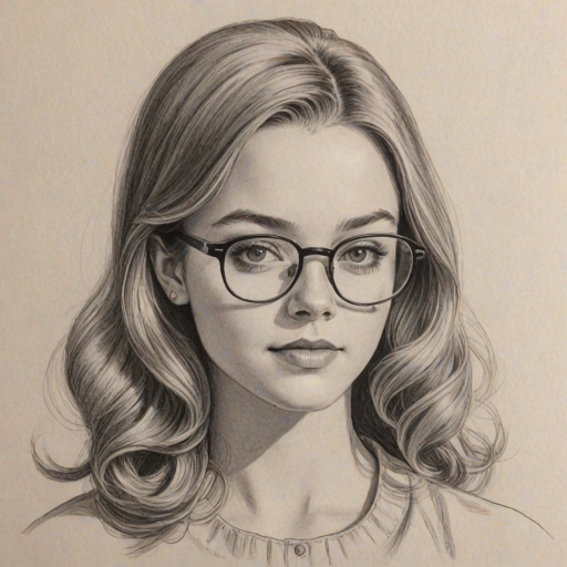 Captivating Jade Pettyjohn, pencil sketch, portrait of Comely woman 1960s in glasses, hair style beatnik, outline, clear lines, fine lines, 8k