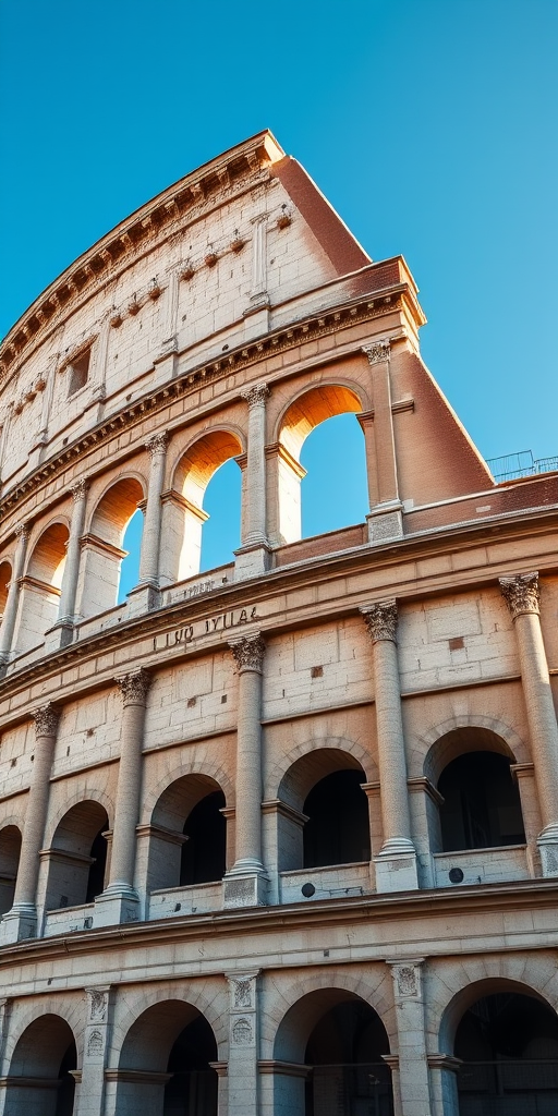 Generate a detailed 3D rendering of the Colosseum with enhanced textures and lighting under a clear blue sky, using a Canon EOS R5 with a 24mm f/1.4 lens, aperture set to f/8, ISO 100, and a wide-angle view to capture the grandeur of the structure in high resolution.