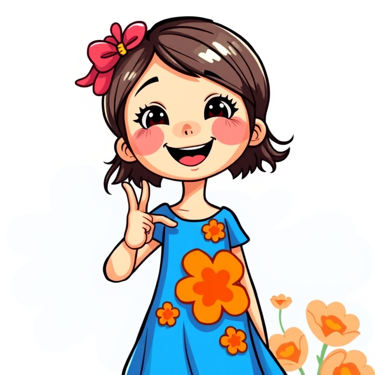 Generate a colorful illustration of a cartoon girl with a cheerful expression, wearing a blue dress with orange flowers, standing with one hand making a heart gesture, in high definition, using a digital drawing style, with a resolution of 300 DPI, and a vibrant color palette.
