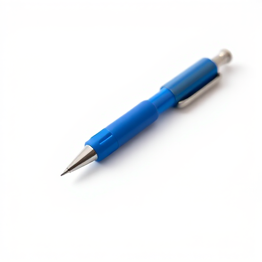 high-resolution image of a blue pen on a white background, 50mm lens, f/2.8 aperture, ISO 100, shot from a 45-degree angle, natural lighting, DSLR camera