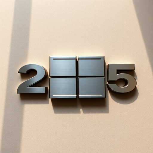 Create a high-resolution image of a modern, metallic logo design featuring the numbers 2025 and a square with four sections, shot with a DSLR camera at f/2.8 aperture, ISO 100, 50mm lens, natural lighting, and a slightly angled top-down view to enhance depth and texture.