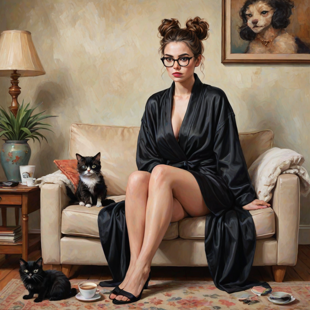 An exaggerated whimsical illustration of a cute silly lady with unruly messy brown bun and black glasses pouty lips and a thinking expression. Shes sitting on the couch, legs folded wearing a black silk robe, black fuzzy slippers. She’s holding her coffee cup and making a deep-in-thought face.  A quirky scruffy cat (dog) looking at her against a mottled, oil painting style soft background living room setting.