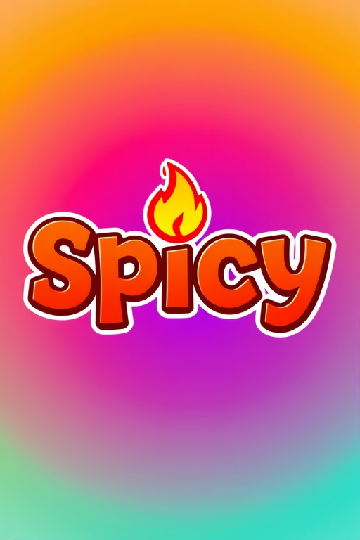 Create an image of the word "Spicy" in bold, playful fonts with a fire icon above it, set against a vibrant gradient background, using DSLR camera settings: ISO 100, f/2.8, 1/200 sec, viewed from a slight angle to add depth, in a colorful and bright artistic style.