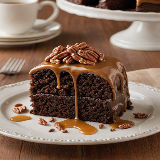 Create an image of a moist chocolate cake topped with a rich caramel glaze and sprinkled with chopped pecans. The cake should be presented on a silver cake stand, with a warm, inviting background that highlights the deliciousness of the dessert.