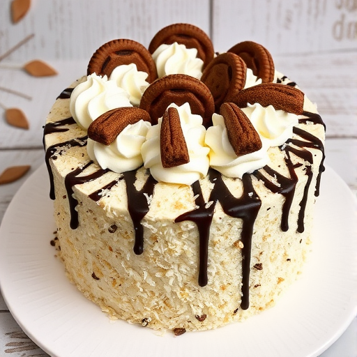 A beautifully decorated cake with a textured exterior covered in shredded coconut and topped with swirls of whipped cream chocolate drizzle and cookie accents arranged artfully on top served on a decorative white plate with a rustic background.