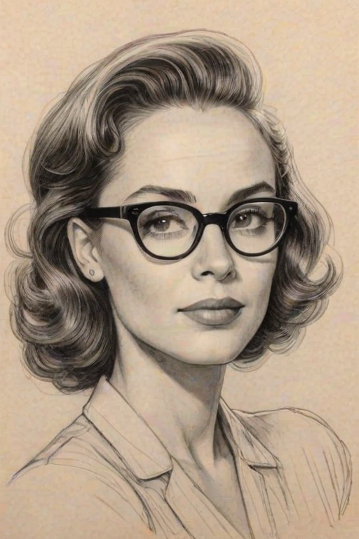 Enchanting Jordana Spiro, pencil sketch, portrait of Magnificent woman 1941s in glasses, hair style beatnik, outline, clear lines, fine lines, 8k