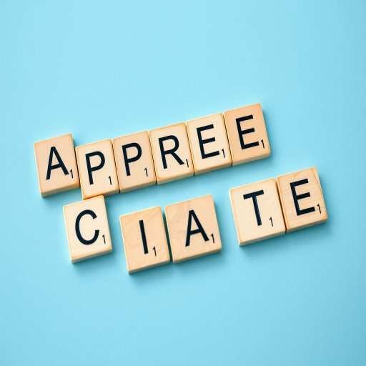 a close-up shot of wooden letter tiles spelling 'APPRECIATE' on a blue background, 50mm lens, f/2.8 aperture, ISO 100, top-down view, natural lighting, DSLR camera