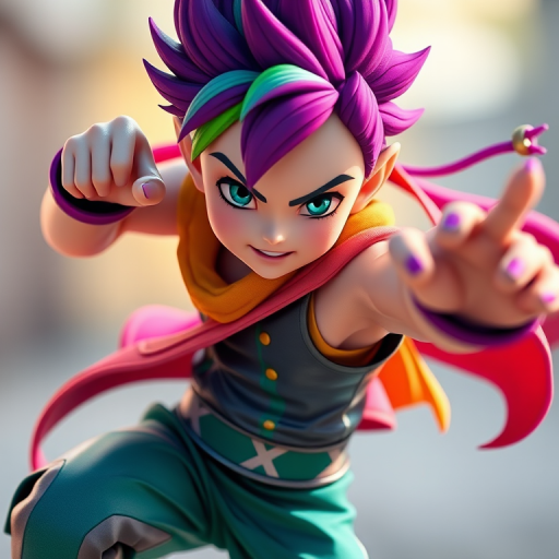 Create a high-resolution image of a stylized character with vibrant colors in a dynamic pose, using a DSLR camera with a 50mm lens, aperture set to f/1.8, ISO 200, and a natural light setting.