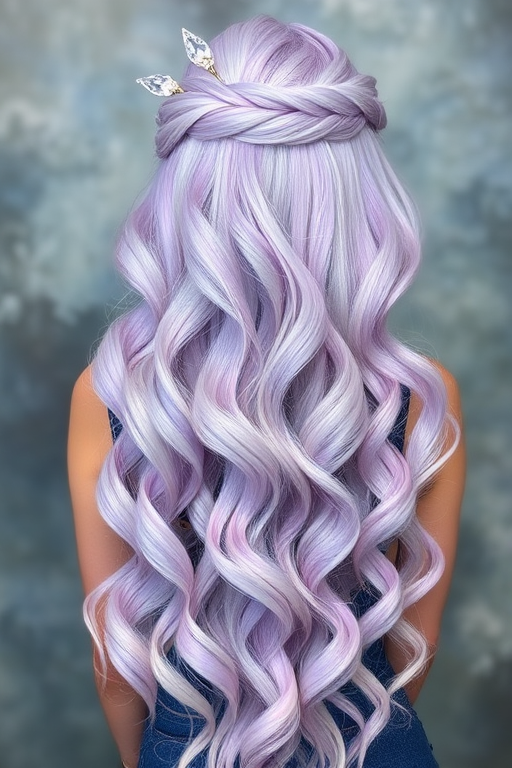 Ethereal pastel lavender mermaid waves called "Moonlit Cascade" cascading down to the waist, shimmering with iridescent undertones and adorned with delicate crystal hair pins