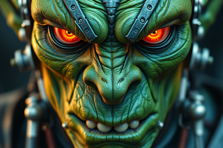 Create a highly detailed close-up of a futuristic, cybernetic orc with vibrant green skin, glowing orange eyes, and elaborate metallic implants, using a DSLR camera with a 50mm lens at f/1.8, ISO 100, and a softbox lighting setup to enhance contrast and texture, capturing a dramatic and immersive portrait style.