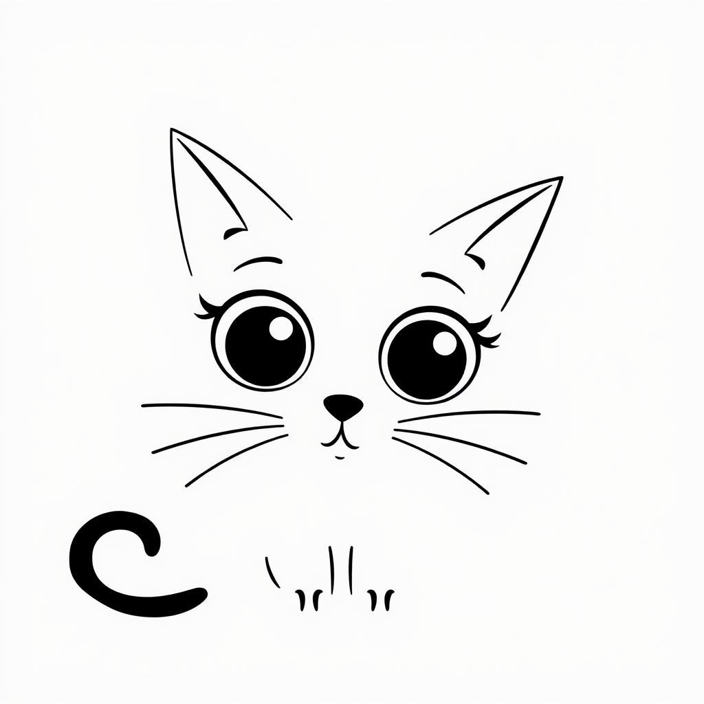 Create a black and white minimalist illustration of a cat. The cat should have large, round eyes and a simplistic, cartoonish style. Its ears should be tall and pointed, and its whiskers should be simple lines extending from its face. The background should be plain white to emphasize the cat's silhouette.