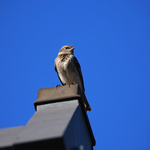 Capture a close-up of a speckled bird perched on a rooftop against a clear blue sky, using a DSLR camera, 50mm lens, f/2.8 aperture, ISO 200, 1/500 shutter speed, and focus on the bird with a blurred background.
