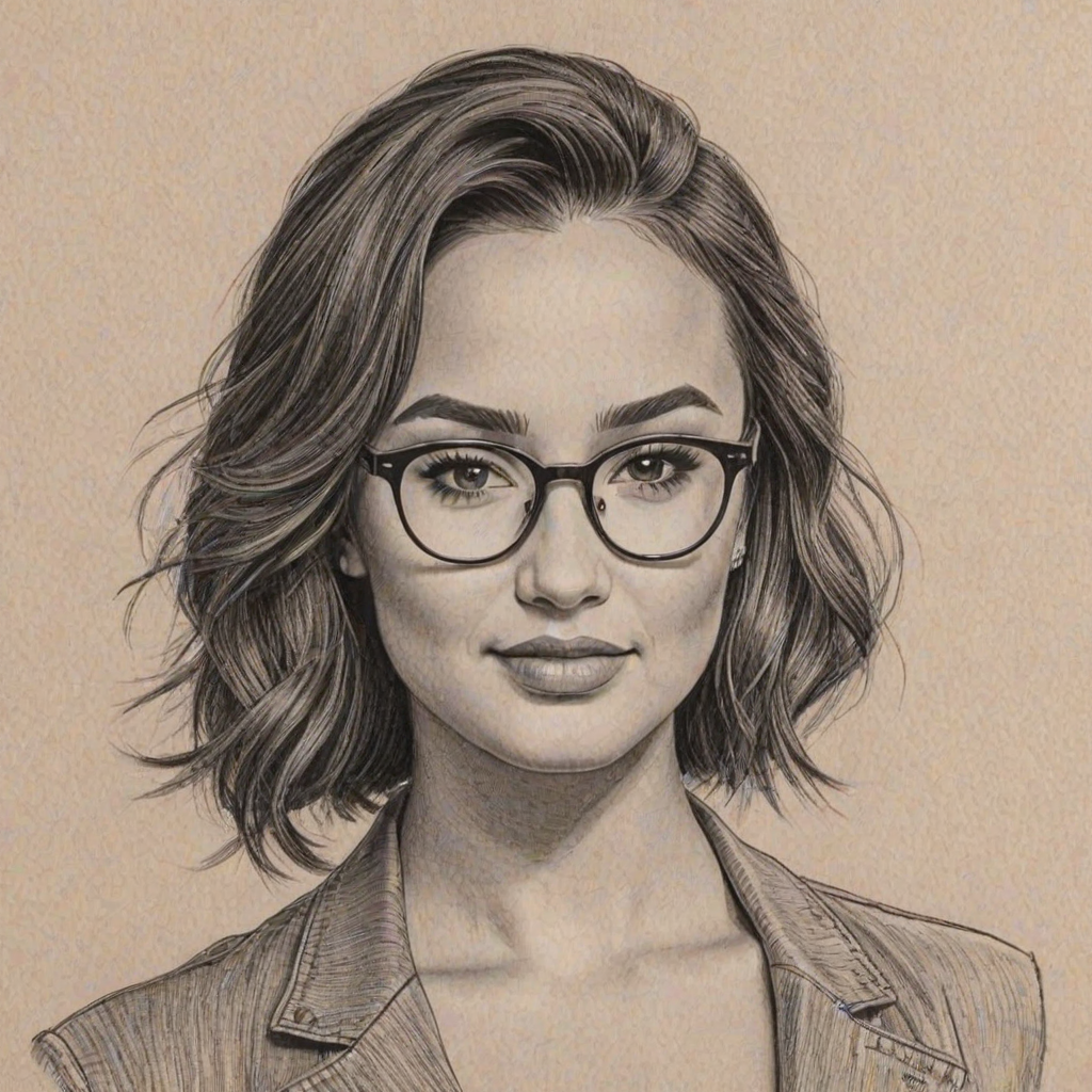 Splendid Demi Lovato, pencil sketch, portrait of Enchanting woman 1948s in glasses, hair style beatnik, outline, clear lines, fine lines, 8k