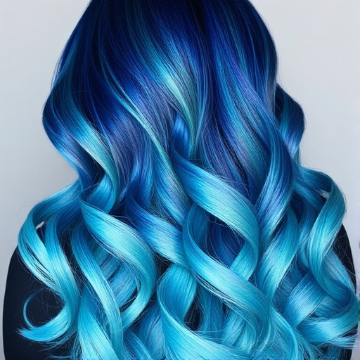 Elegant Ombre Mermaid Waves showcasing a stunning transition from deep navy blue roots to shimmering aquamarine tips with subtle silver accents throughout the flowing wavy texture
