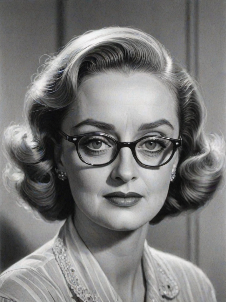 Fascinating Bette Davis, pencil sketch, portrait of Magnificent woman 1950s in glasses, hair style beatnik, outline, clear lines, fine lines, 8k