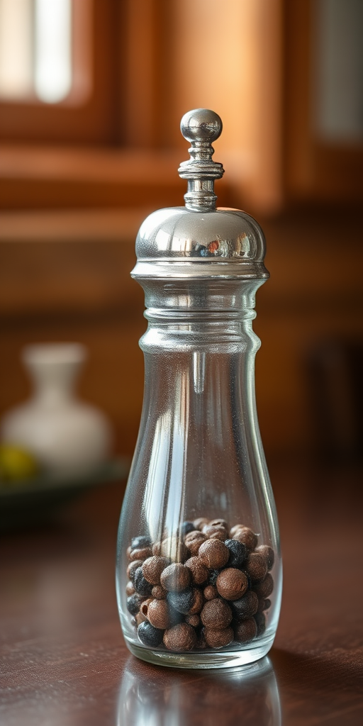 Create a high-resolution image of a glass pepper grinder with a silver top, focus on details and reflections, use a DSLR camera with a 50mm lens, f/2.8 aperture, 1/200 shutter speed, and natural light illumination from a window.