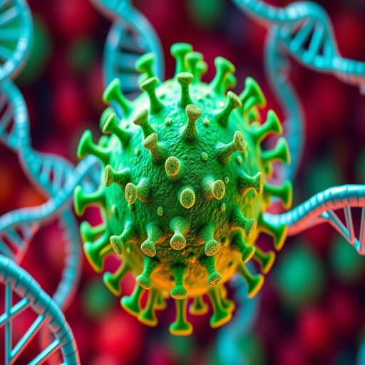 Generate a high-resolution 3D illustration of a green virus with spikes, surrounded by DNA strands in a colorful background, using a DSLR camera with f/8 aperture, ISO 100, 50mm lens, shot from a macro perspective, and enhanced with HDR imaging for clarity and vibrancy.