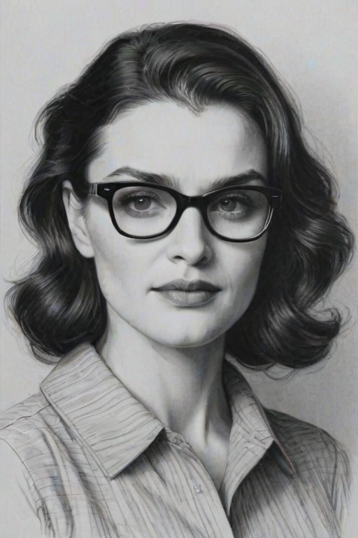 Fascinating Rachel Weisz, pencil sketch, portrait of Sublime woman 1936s in glasses, hair style beatnik, outline, clear lines, fine lines, 8k