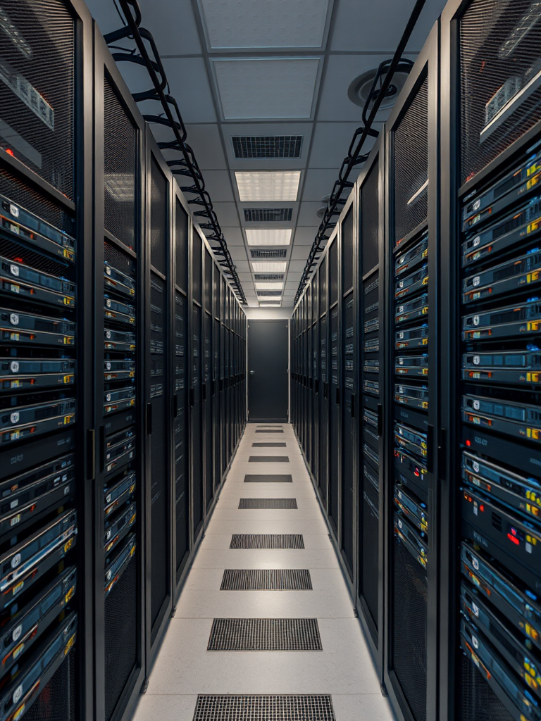 high-resolution image of a data center with neatly organized server racks, overhead view, soft diffused lighting, aperture f/2.8, ISO 100, shutter speed 1/125 sec, DSLR camera, wide-angle lens