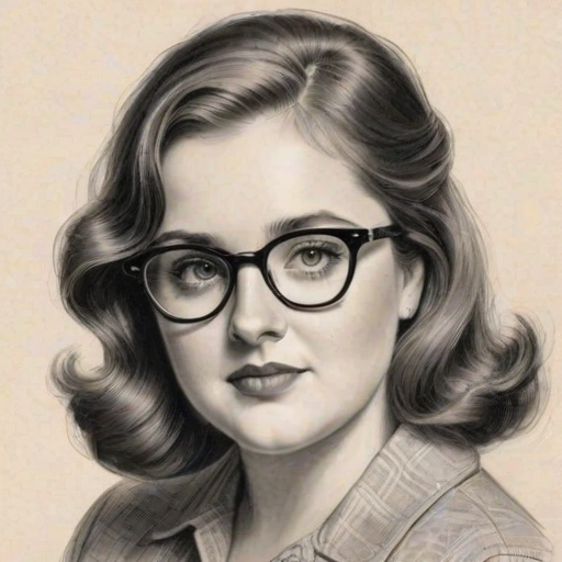 Attractive Aidy Bryant, pencil sketch, portrait of Lovely woman 1940s in glasses, hair style beatnik, outline, clear lines, fine lines, 8k