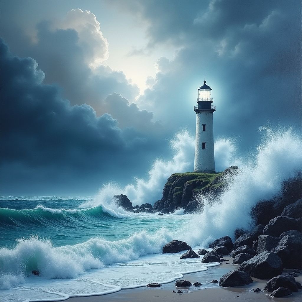 A highly stylized white oil painting with texture of paint that adds depth and movement to the dramatic setting, with primary palette colours of White, light gray-white and Aqua. a lighthouse shining in the stormy night, with tall crashing foamy waves & sea mist around it. captured with dramatic brushstrokes, dramatic white brushstrokes to create depthand dimension with dramatic, cinematic effect. White light effects with moody storm clouds.