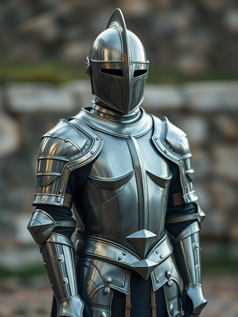 Regenerate a high-resolution image of a medieval knight armor standing upright with a metallic finish, using a DSLR camera with a 50mm lens, f/1.8 aperture, ISO 100, shot in natural light, focused on the metallic textures, background softly blurred to enhance depth.