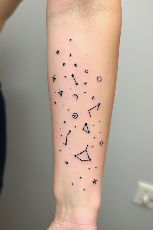 Delicate fine line body tattoo of constellation patterns and celestial bodies scattered across the forearm, created with thin black lines and subtle white ink highlights