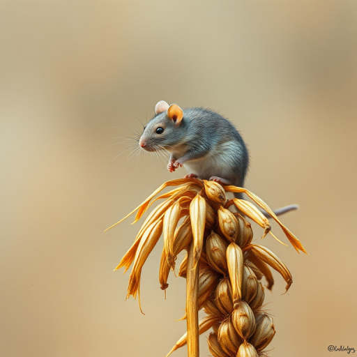 Soft, muted Alcohol Ink with ebru effect background image of tiny whimsical rat, who climbed high on the top of a golden rye ear.